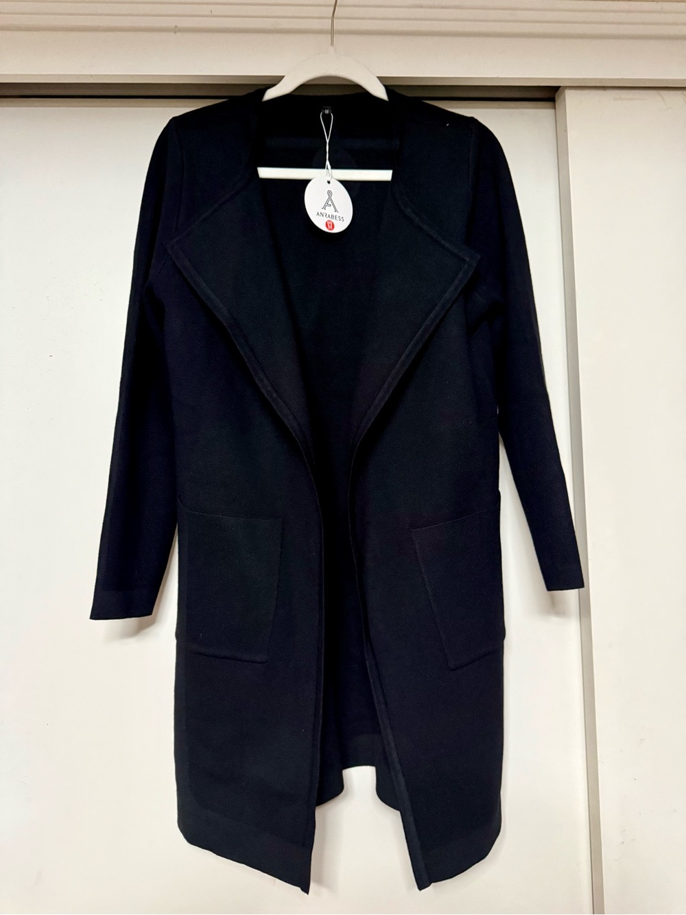 Black Open-Front Long Knit Cardigan with Pockets